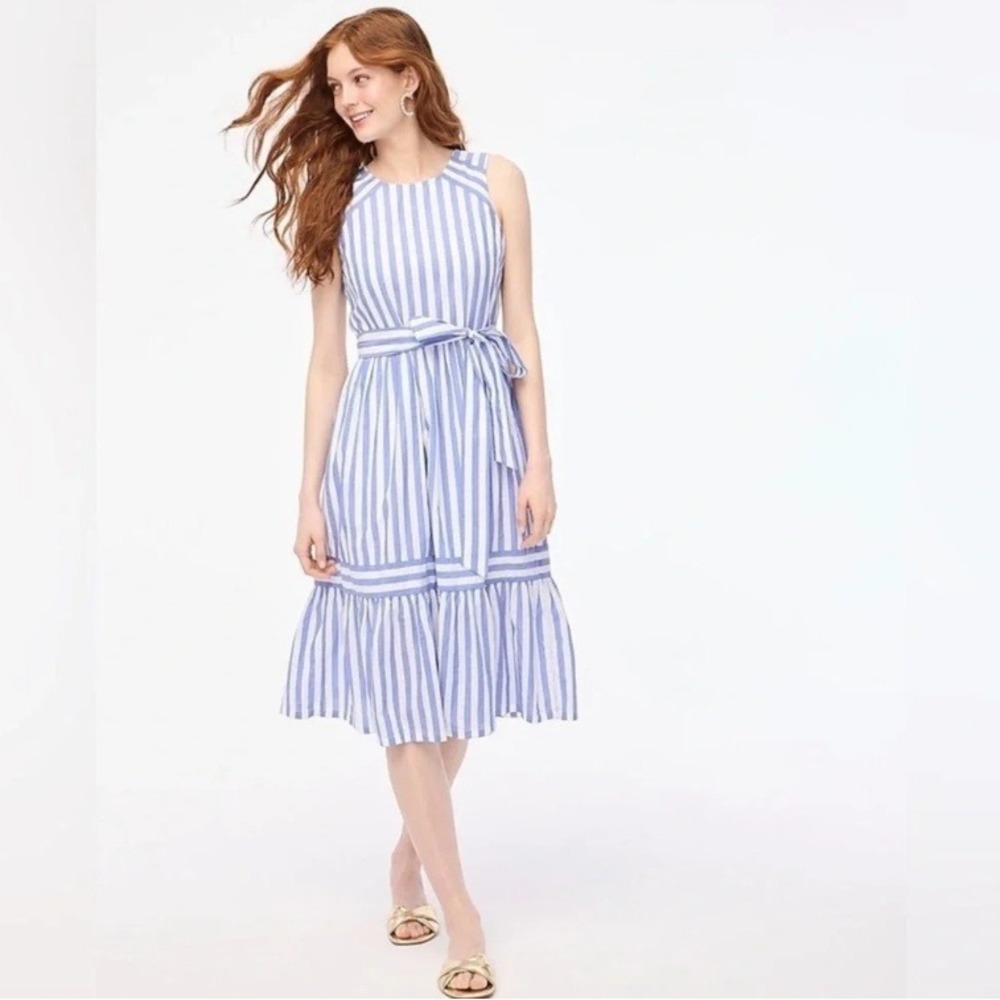 J.Crew Striped Tiered Midi Dress Sleeveless Cotton Blue White Size 00